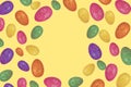 Trendy Easter layout made of flying colorful eggs on illuminating yellow background