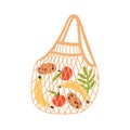 Trendy eco reusable shopping bag with fruits and vegetables. Zero waste string bag isolated on white background. Vector