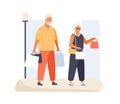 Trendy elderly couple carry packages with purchases having shopping together vector flat illustration. Happy old man and