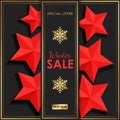 Trendy and elegant winter background with gold snowflakes and red stars. Simple minimalistic style. Sale banner template Royalty Free Stock Photo