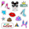 Trendy fashionable pins, patches, labels, stickers on white.