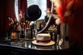 a trendy fedora on a mirrored dressing table with an array of makeup brushes