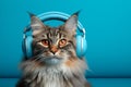 Trendy feline rocking modern wireless headphones on empty background with space for text