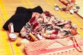 Trendy feminine coral and black outfit flatlay. Summer, beach, beauty or fashion blog concept.