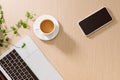 Trendy feminine home office workspace. White office desk. Laptop, coffee cup and phone, notebook, pencil. Flat lay, top view, copy Royalty Free Stock Photo