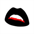 Trendy flat black open lips with vampire fangs. Isolated illustration on white background. Vector stock illustration.