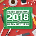 Trendy Flat Design Illustration: Merry Christmas and 2018 Happy New Year workplace