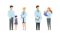 Trendy flat doctor and patient character vector cartoon illustration. Male and female pediatrician talking with parents and childs