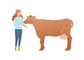 Trendy flat farmring character vector cartoon illustration. Woman farmer care of a cow standing isolated on white background. Royalty Free Stock Photo