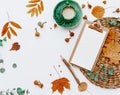 Trendy flat lay composition with coffee cup and autumn leaf
