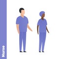 Trendy flat medical character vector cartoon illustration. Set of male and female black and white nurse team. Blue nursery uniform Royalty Free Stock Photo