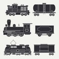 Trendy flat modern and vintage trains with cargo wagons and tank icons set. Steam, diesel and electric locomotives