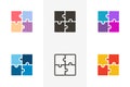 Trendy flat and thin line outline corporate puzzle icons. Vector illustration of four puzzle matching pieces for concepts of games Royalty Free Stock Photo