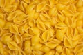 Trendy flat view closeup yellow macaroni. Conchiglie. Top view, flat lay. Nature concept. Texture background, pattern. Restaurant