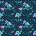 Trendy floral background with blue, lilac roses flowers and twigs with leaves in hand drawn style on dark blue Royalty Free Stock Photo