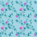 Trendy floral background with blue, lilac roses flowers and twigs with leaves on light blue Royalty Free Stock Photo