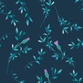 Trendy floral background with wild flowers and twigs with leaves in hand drawn style on dark blue Royalty Free Stock Photo