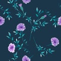 Trendy floral background with wild flowers and twigs with leaves in hand drawn style on dark blue Royalty Free Stock Photo