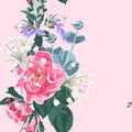 Trendy floral background with wild rose, rosa canina dog rose garden flowers. Hand drawn style on pink backdrop. Royalty Free Stock Photo