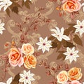 Trendy floral background with yellow and orange roses, white lilies in hand drawn style on beige Royalty Free Stock Photo