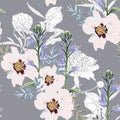 Trendy Floral pattern with the many kind of flowers. Tropical botanical Motives. Seamless vector texture.