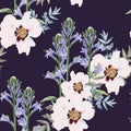 Trendy Floral pattern with pink peony and violet bels flowers. Tropical botanical Motives.
