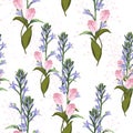 Trendy Floral pattern with pink tulips and violet bels flowers. Tropical botanical Motives.