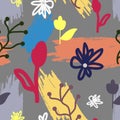 Trendy floral seamless pattern. Abstract flowers and brush strokes painted by hand. Royalty Free Stock Photo