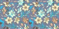 Spring floral seamless pattern of calm hand drawn flowers daffodils.