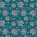 Trendy floral seamless pattern with Chrysanthemum on teal green-bluish background.