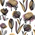 Trendy floral seamless pattern. Hand-drawn contour lines of fantastic plants and flowers with abstract substrates of Royalty Free Stock Photo