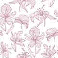 Trendy floral seamless pattern. Hand drawn contour lines of fantastic plants and flowers in magenta. Vector Royalty Free Stock Photo