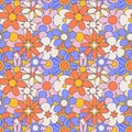 Trendy floral seamless pattern in the 70s hippie style with groovy daisy flowers. Vintage retro style. Bright colorful Royalty Free Stock Photo