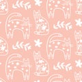 Trendy Folk Art Cats Seamless Pattern Retro Style Royalty Free Stock Photo