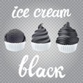 Trendy food. Black vector Set of Ice cream scoops poster design with creme Fresh Frozen dark popsicle isolated on transparent back Royalty Free Stock Photo