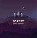 Trendy Forest logo badge in outline style. In the background vector landscape with forest and mountains, you can change