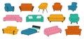 Trendy furniture. Doodle comfort couch. House armchair and modern luxury sofa. Comfortable bed with pillows. Home