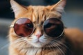 Trendy ginger cat in round sunglasses, looking cool and adorable with fashionable eyewear