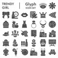 Trendy girl glyph icon set, girly symbols collection, vector sketches, logo illustrations, female staff signs solid