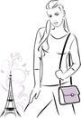 Trendy girl with a handbag. Outline drawing