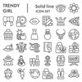 Trendy girl line icon set, girly symbols collection, vector sketches, logo illustrations, female staff signs linear