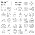 Trendy girl thin line icon set, girly symbols collection, vector sketches, logo illustrations, female staff signs linear