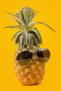 Trendy glasses summer pineapple wearing hipster style on yellow