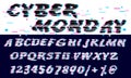 Trendy Glitch distorted font letters and numbers. Vector set with broken pixel effect,old distorted TV matrix effect. Video game Royalty Free Stock Photo