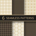 Trendy gold geometric seamless vector patterns with simple golden line shapes