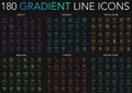 180 trendy gradient style thin line icons set of Beauty, Wedding, Travel cruise, Medicine, Fitness, Dental care isolated