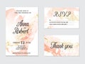 Trendy greeting card set with watercolor liquid flow. Tender ink art with gold glitter splashes. Beauty salon card, wedding