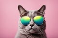 Trendy Grey Cat with Multicolored Sunglasses on Pastel Background
