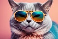 Trendy Grey Cat with Multicolored Sunglasses on Pastel Background