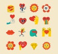 Trendy groovy sticker set. Retro cartoon style valentines day. 70s 60s aesthetics isolated elements. Vintage vector